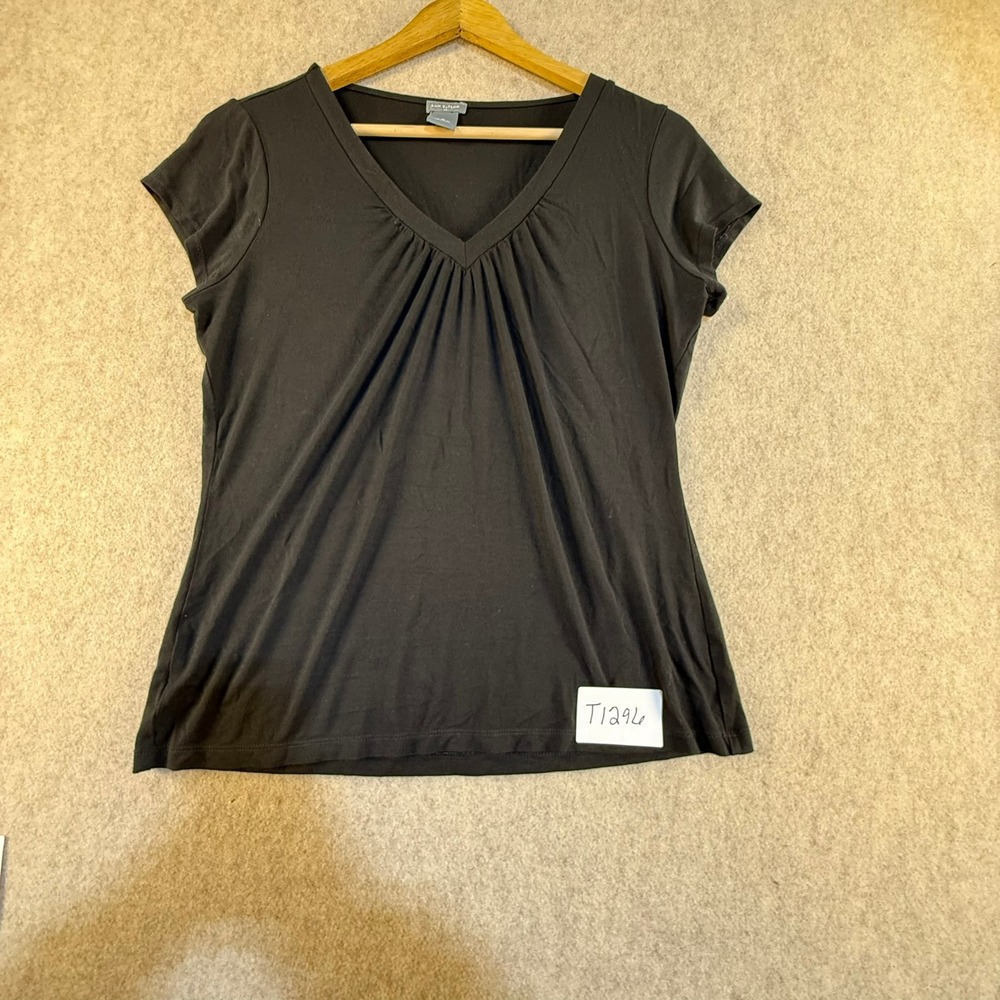 Ann Taylor‎ Womens Black V-Neck Pleated Sunburst Cap Sleeve Jersey Top Size M
